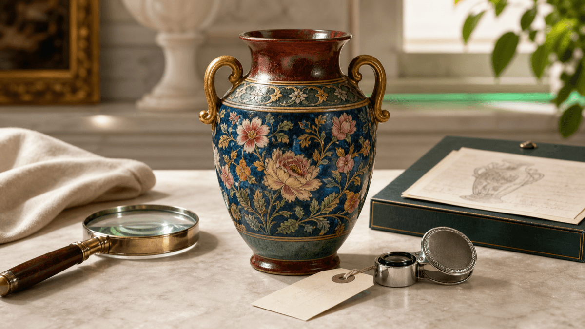Antique ceramic vase with appraisal tools on a refined table