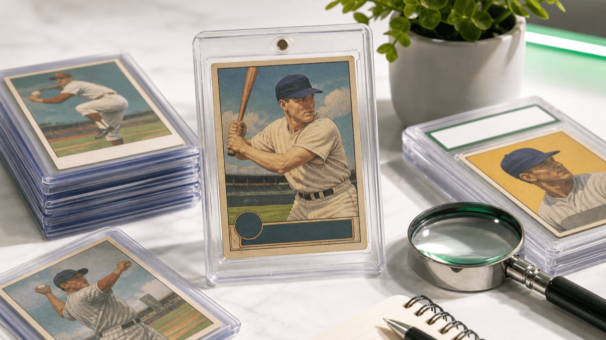 Vintage baseball trading cards in protective sleeves with appraisal tools