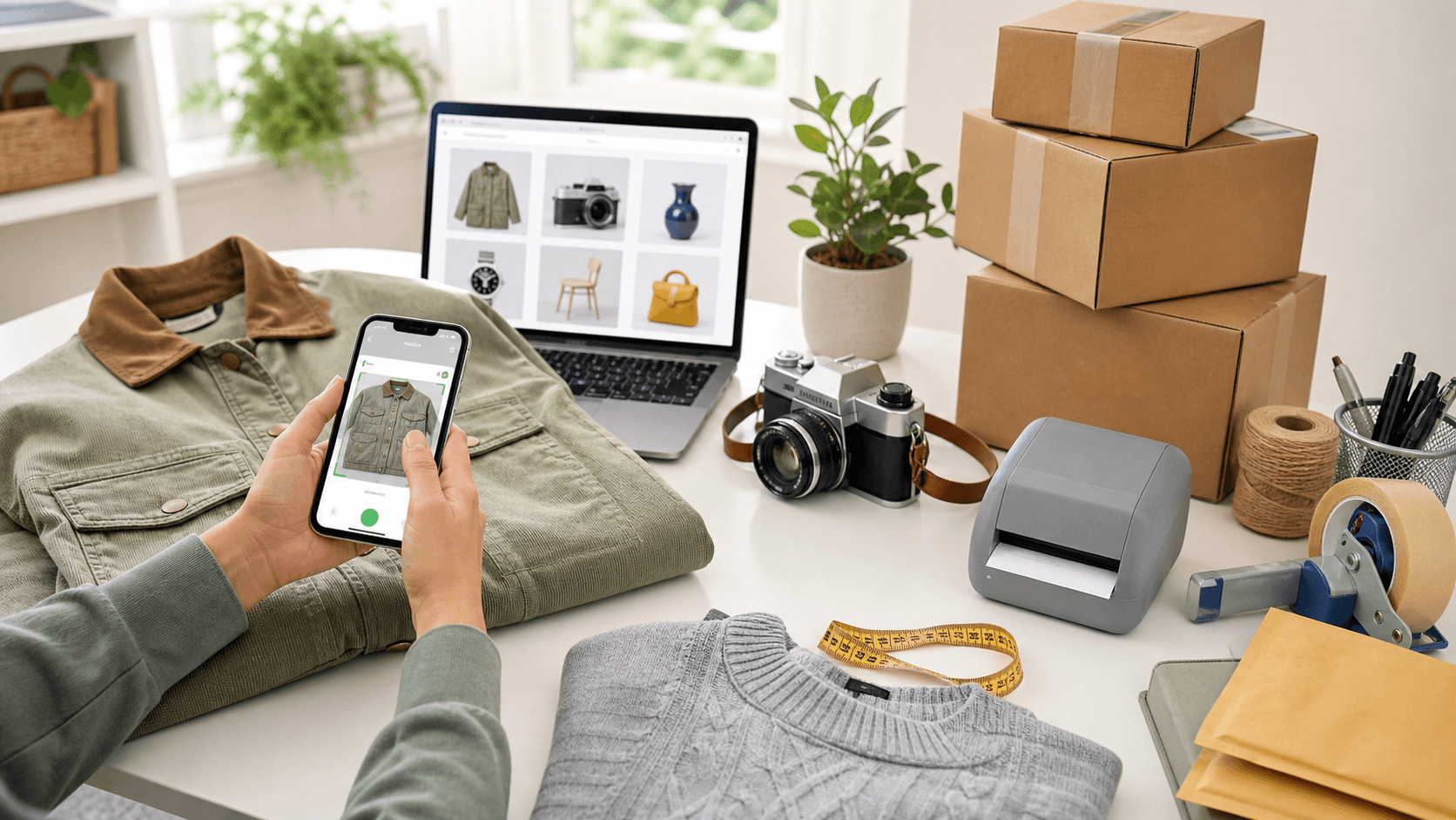Beginner reseller scanning a jacket beside shipping boxes, packing supplies, and online listing tools