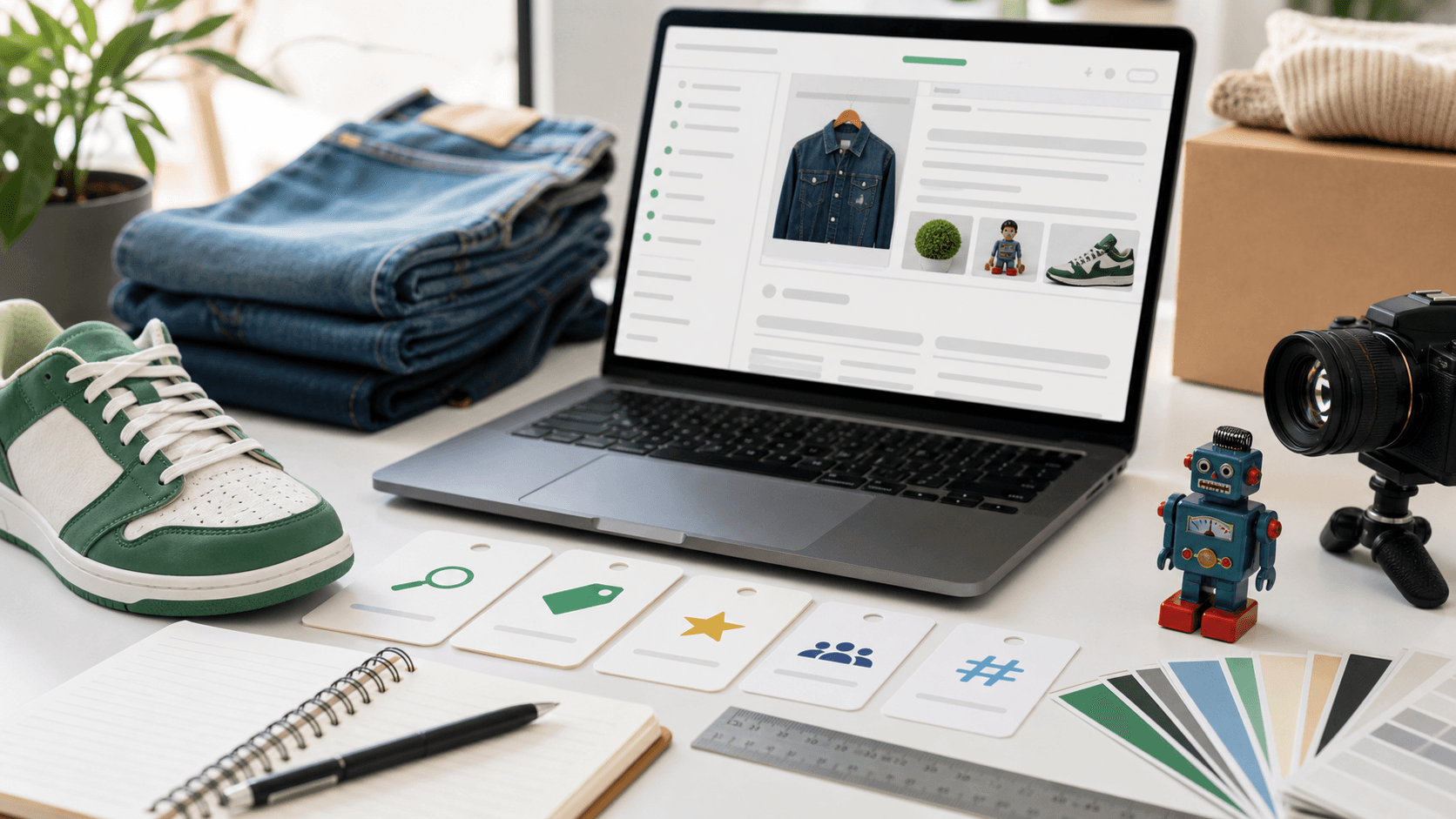 Reseller desk with online listing editor, keyword cards, folded denim, sneakers, and product photography tools
