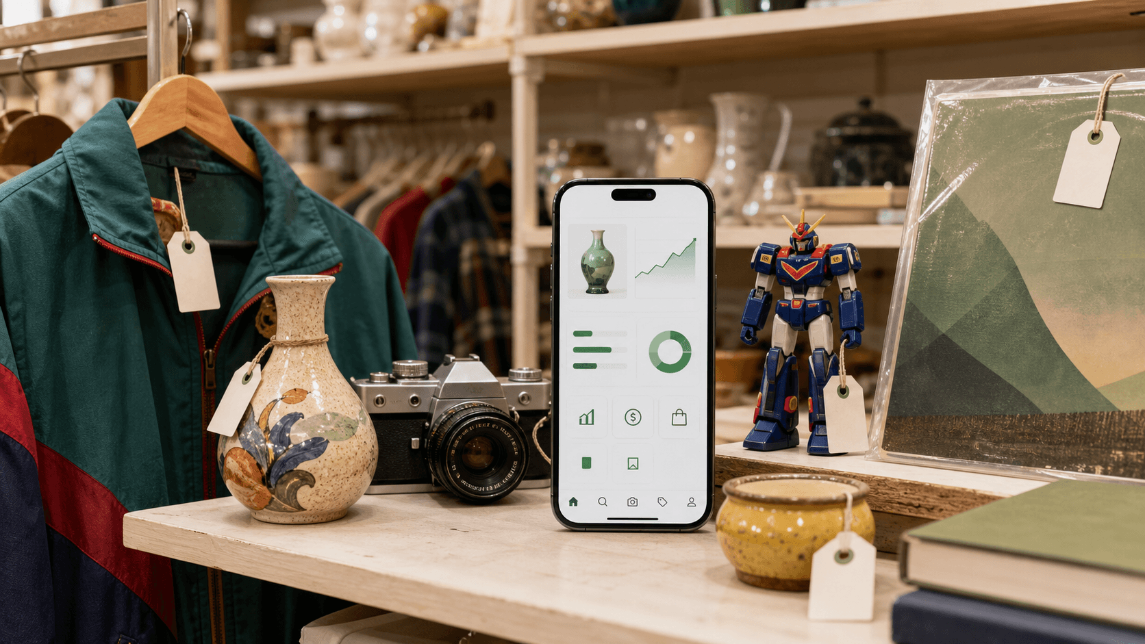 Thrift store aisle with curated secondhand finds and a smartphone scanning for item value