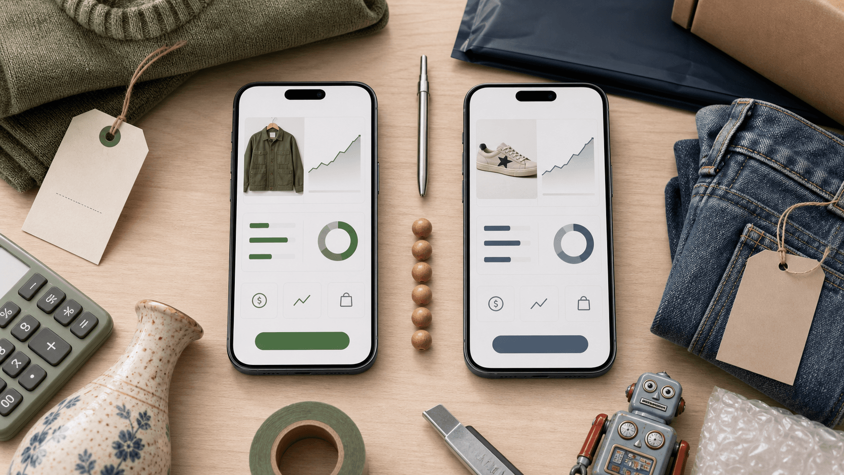 Two generic thrift scanner app screens side by side with resale items and packing supplies