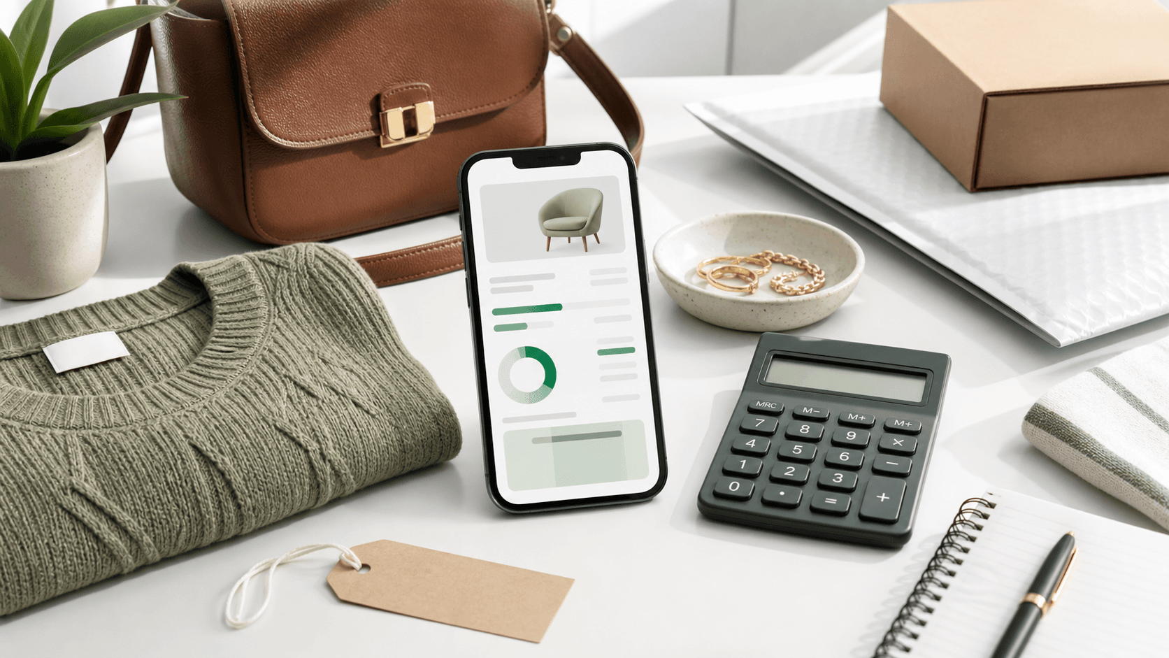 Smartphone, calculator, thrift tag, and packing supplies for resale profit planning