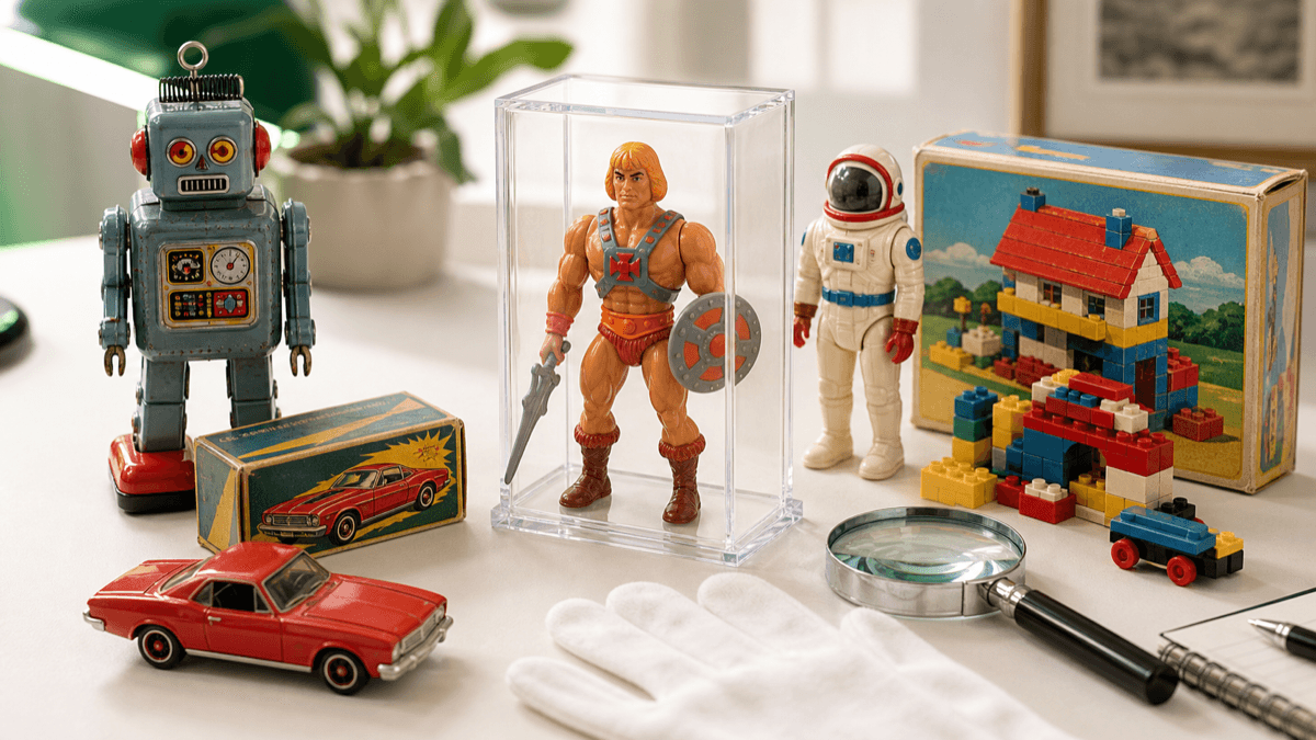 Retro collectible toys, a die-cast car, and appraisal tools on a desk