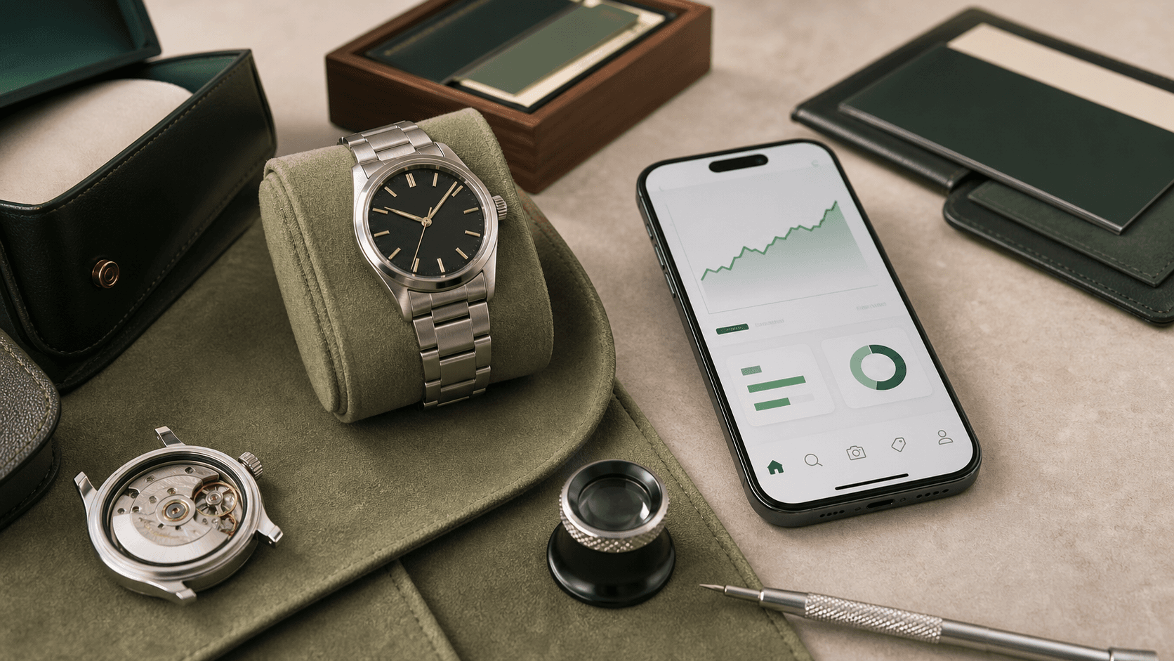 Generic mechanical wristwatch, loupe, watch roll, and phone for watch value checking