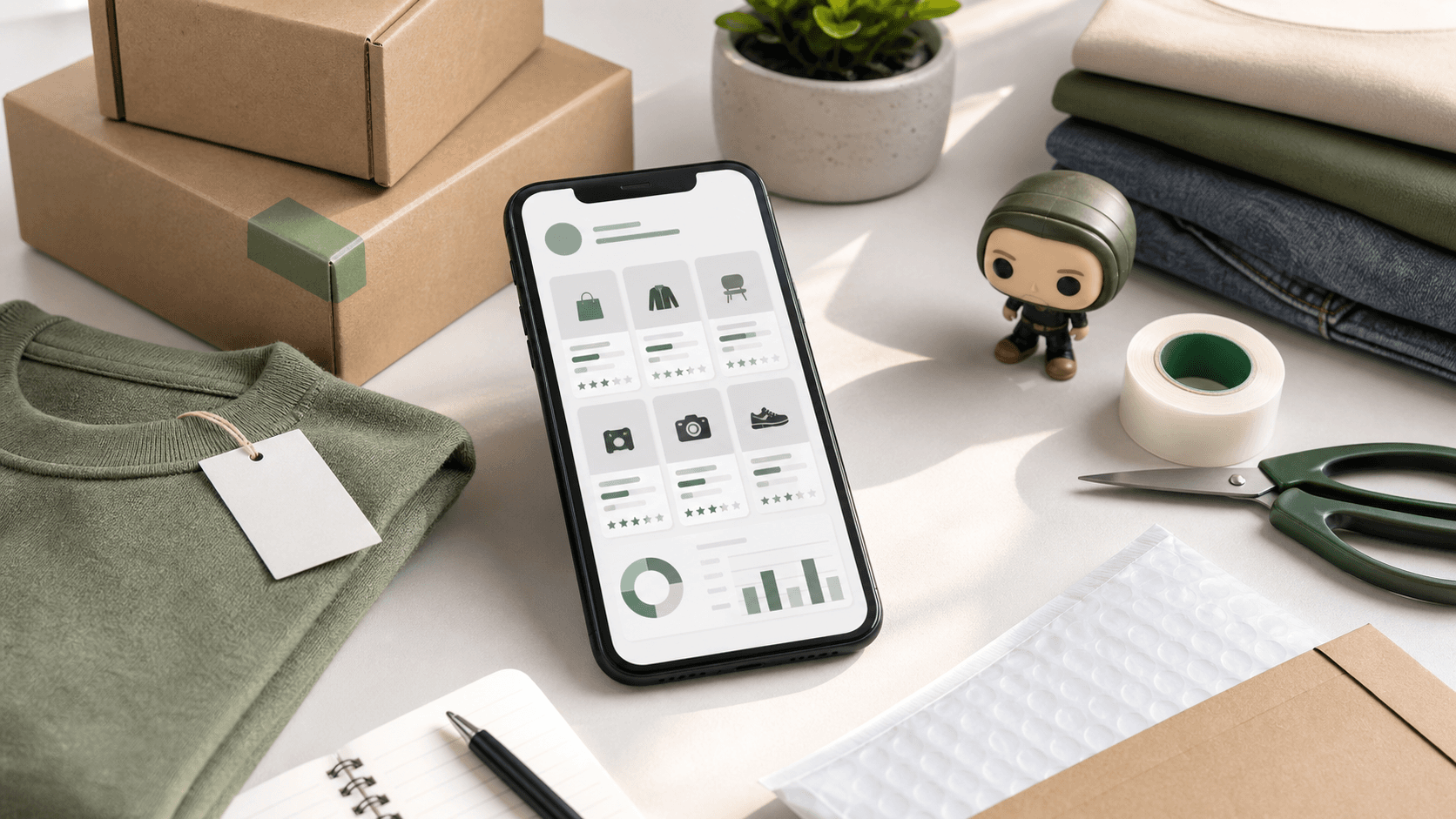 Smartphone, shipping boxes, clothing tag, and resale items for marketplace comparison